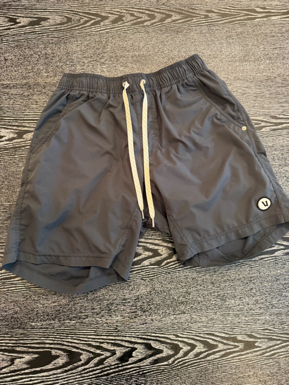 Vuori Charcoal Gray Athletic Shorts with White Drawcord